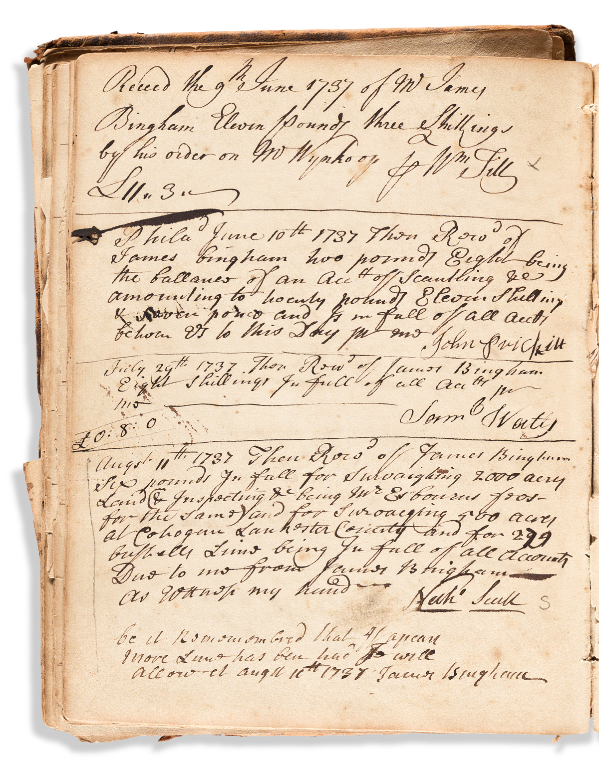 (PENNSYLVANIA.) Receipt and memorandum book kept by early Philadelphia tradesman James Bingham.